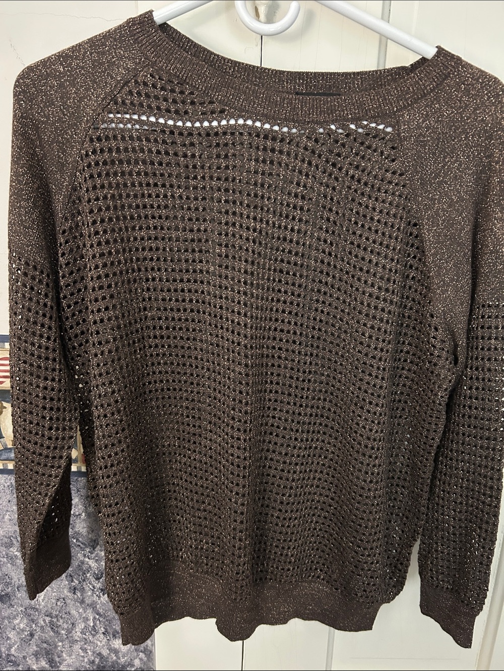 Express Brown Open-Knit Scoop Neck Sweater with Shimmer